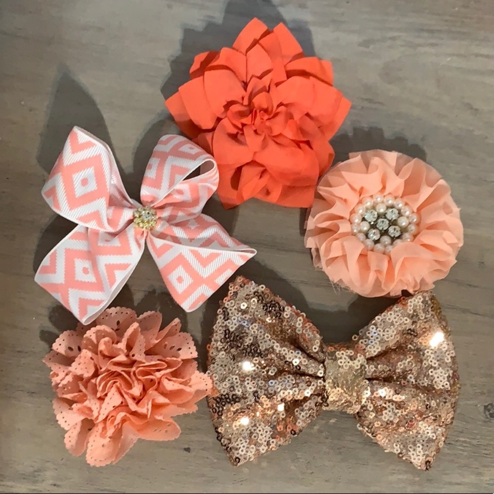 Hair bow & flower set of 5 peach rose gold (used)